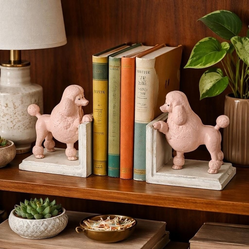Cast Iron Pink Poodle Dog Bookends Pair Vintage Style Midcentury MCM Heavy